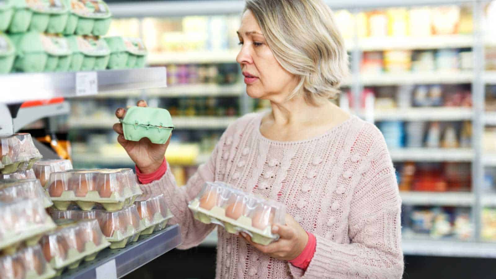 Middle aged woman choosing and buying fresh eggs at grocery shop