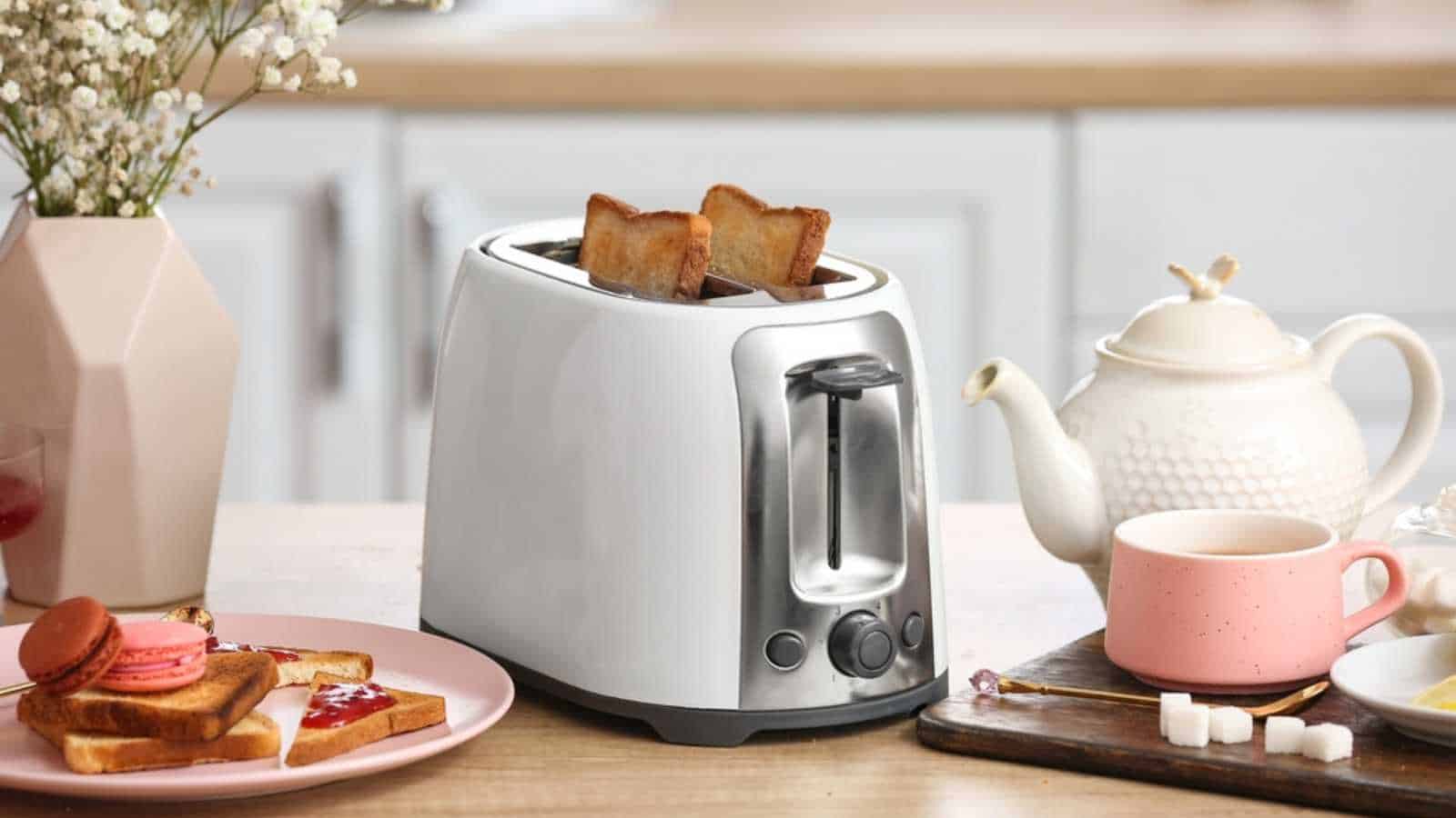 White toaster with tasty food, drink and vase on counter in kitchen