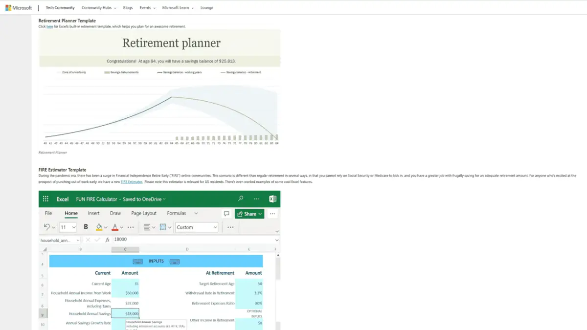 Microsoft Excel retirement spreadsheet