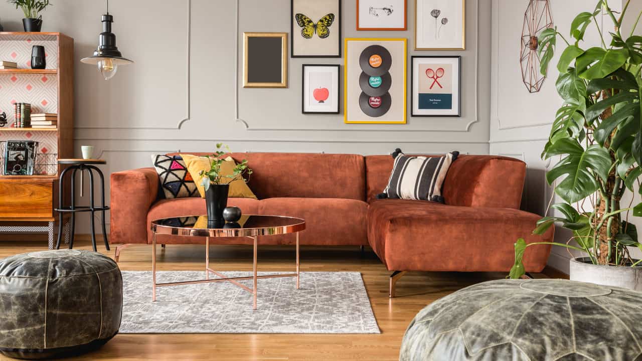 living room interior with brown corner sofa
