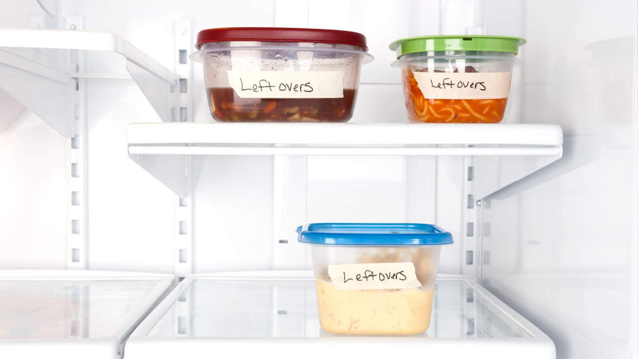 Leftover containers of food in a refrigerator for use