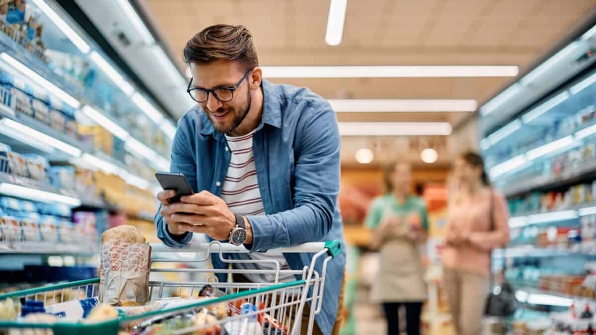 using mobile phone app while buying groceries