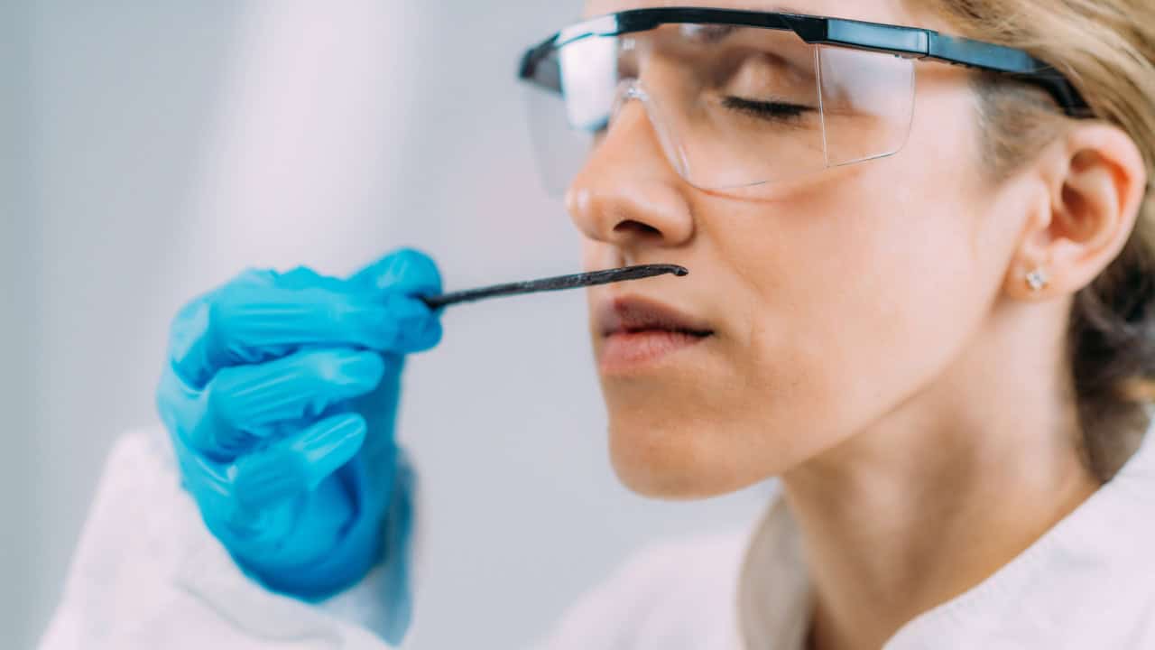 Olfaction test. Female scientist examining vanilla smell